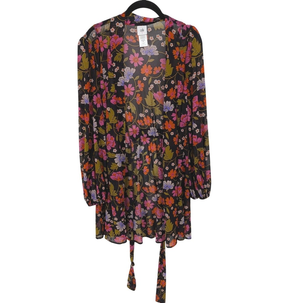 Cabi Mesh Kimono Women Small Black Floral Sheer Cardigan Garden Colorful 6252